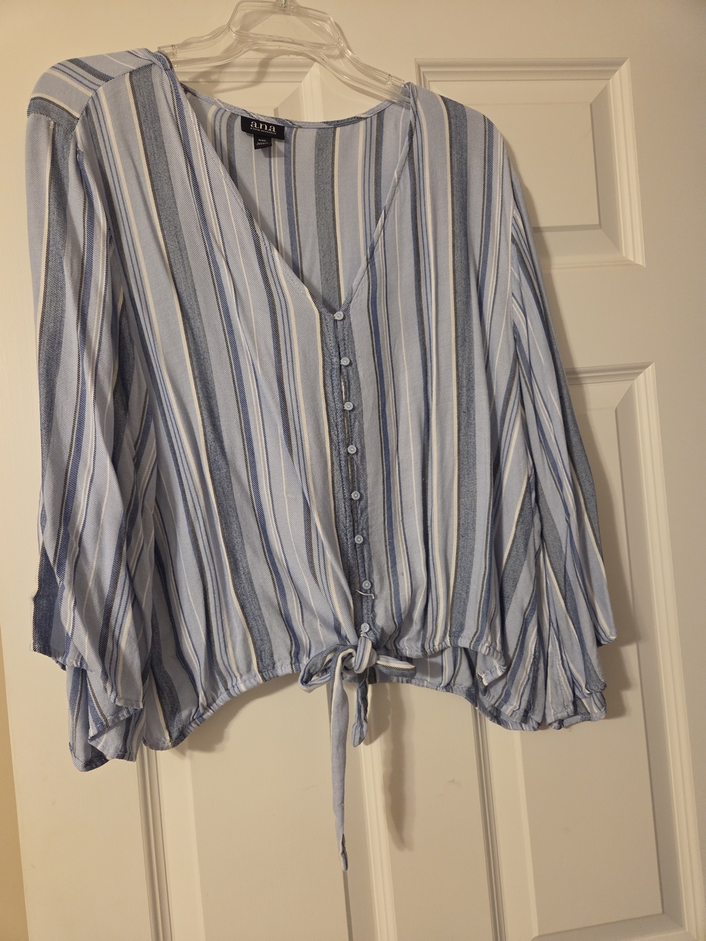 a.n.a Light Blue and White Striped Button Tie-Front Blouse